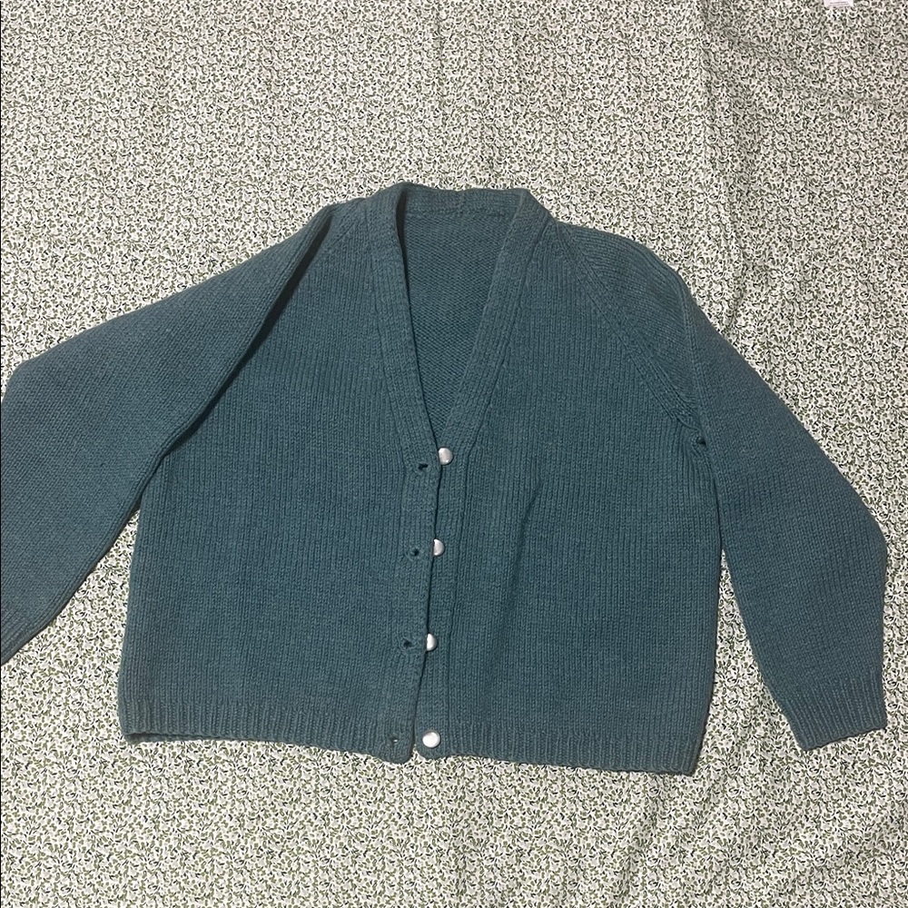 Women's Handmade 100% Wool grey green Raglan sleeve Sweater Cardigan M